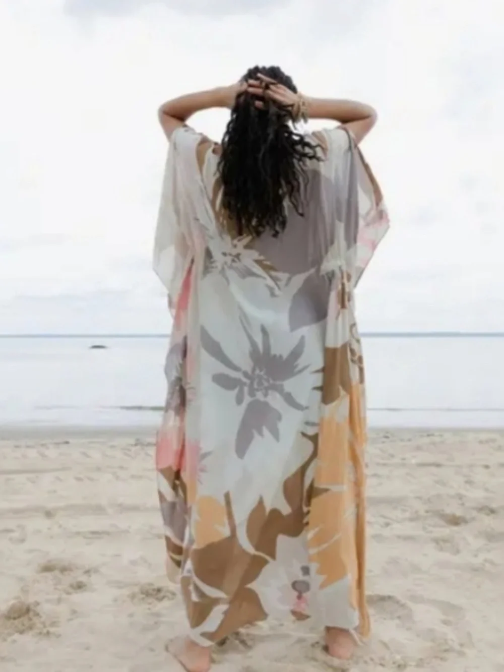 Saachi Floral Rayon Crepe Kaftan - Gray/ multi-colored - ONE SIZE - NEW - Picture 5 of 9